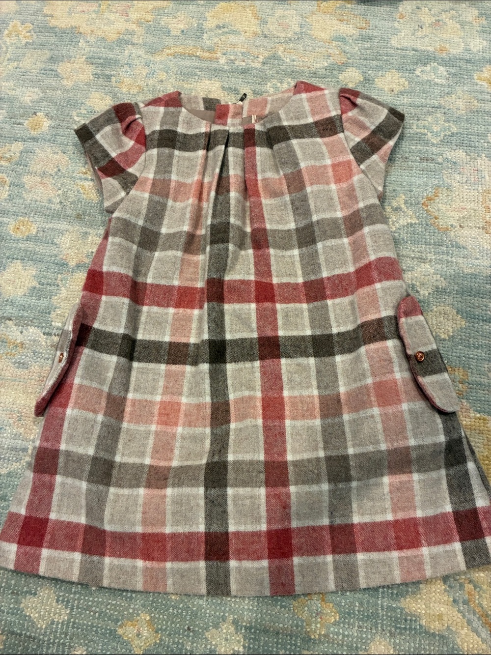 Girls Plaid Cap-Sleeve Wool Dress in Red, Pink & Tan